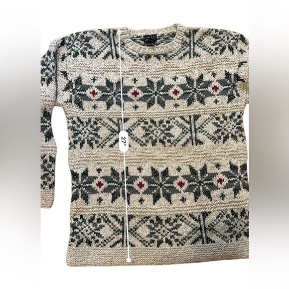 Vintage Limited Handknit Fisherman Tan/Green Fair Isle Wool Silk Sweater L - Picture 7 of 7